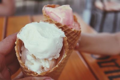 Close-up of hand holding ice cream cone