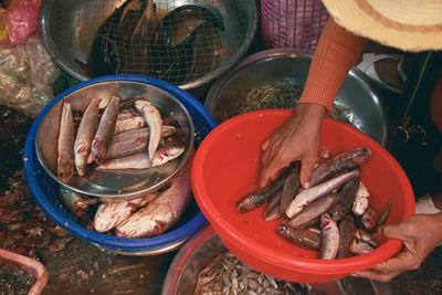 High angle view of seafood for sale at market