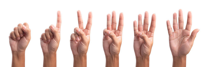 Close-up of hand gesturing against white background