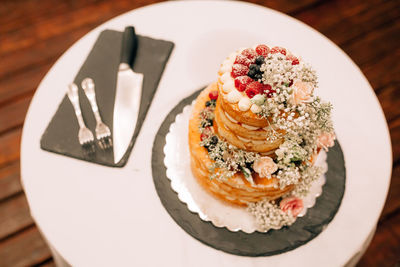 High angle view of food in plate on table