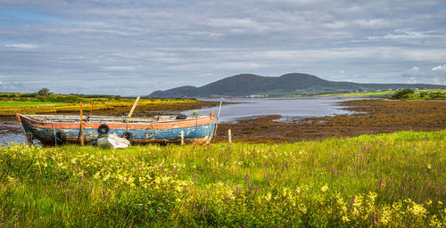 Large lagoon or marsh after ebb tide with old rusty, ruined paddle boat and mountain range, ireland