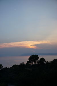 Silhouette trees by sea against sky during sunset