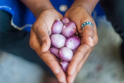 Cropped hands of woman holding onions