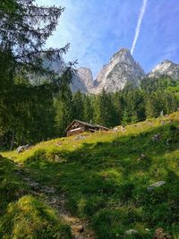 Scenic view of green landscape and mountains against sky