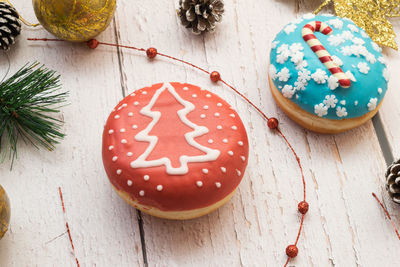 Delicious fresh donuts with christmas decoration