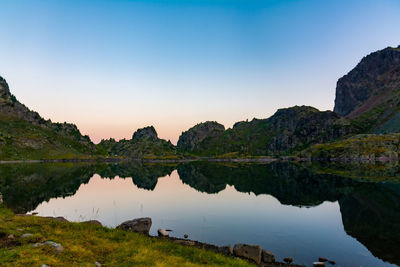 Scenic view of lake and mountains against clear sky