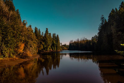 Scenic view of lake against clear blue sky