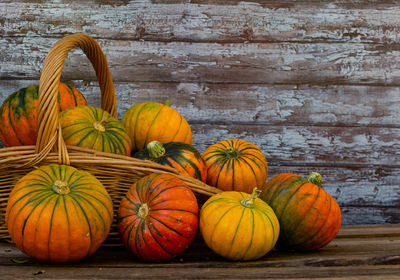 High angle view of pumpkins on table