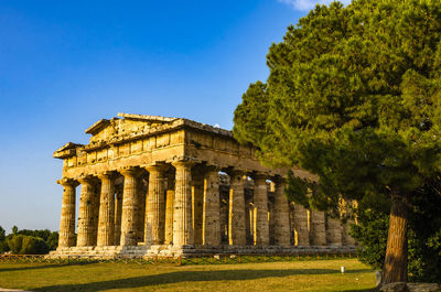 Low angle view of historical building against clear blue sky  , temple of paestum. italy