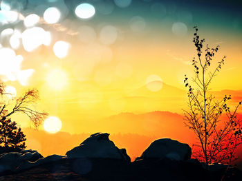 Silhouette rocks and trees against sky during sunset