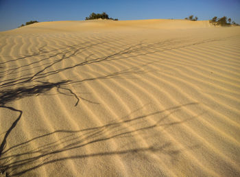 Sand dunes in desert against clear sky