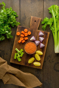 High angle view of chopped vegetables on cutting board