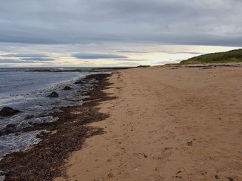 Scenic view of beach against sky during sunset