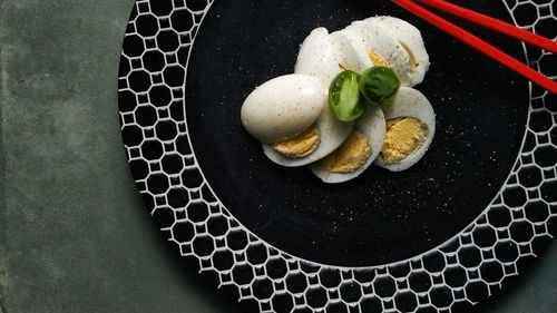 High angle view of dessert in plate on table