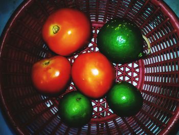 High angle view of tomatoes in basket