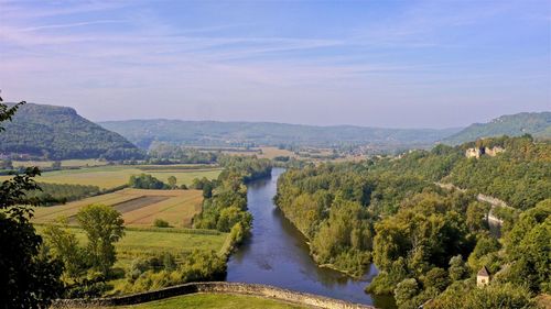 Scenic view of river amidst trees against sky