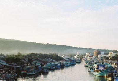 High angle view of boats moored in harbor