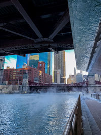 Bridge over river by buildings against sky