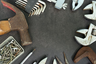 High angle view of work tools on table