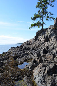 Rock formations by sea against sky