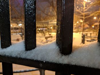 Close-up of frozen tree at night during winter