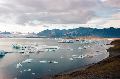 Scenic view of glacial lagoon against sky