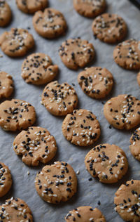 High angle view of sesame seeds cookies