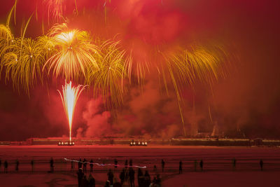 People watching firework display at night