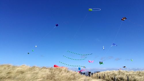 Low angle view of kite flying over field against clear blue sky