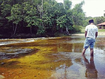 Rear view of man walking on riverbank