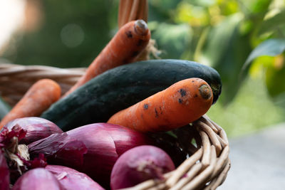 Wicker basket full of vegetables, carrots, zucchini, and shallots. selective focus