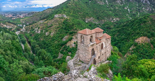 Bulgarian rhodope mountain view from the side of the asens fortress on a cloudy summer day