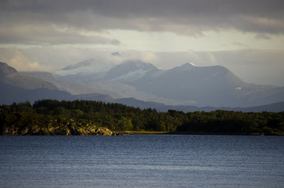 Scenic view of lake against cloudy sky