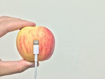 Close-up of hand holding apple against white background