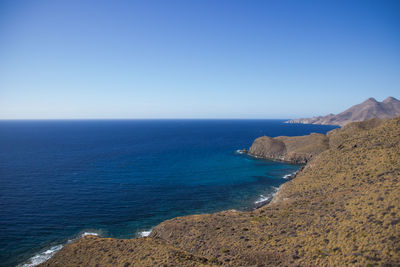 Scenic view of sea against clear blue sky