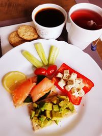 High angle view of breakfast served on table