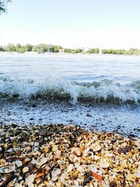 View of pebbles on beach against sky