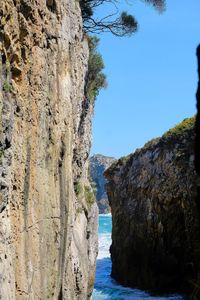 Scenic view of sea by cliff against clear sky