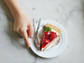 High angle view of woman holding fruit in plate