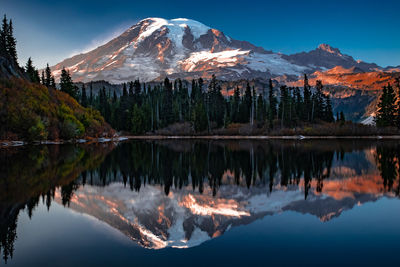 Scenic view of lake and snowcapped mountains against sky