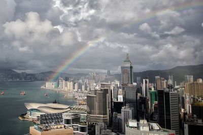 Buildings in city against cloudy sky