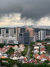 High angle view of buildings in city against sky