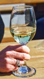 Close-up of hand holding glass of wine