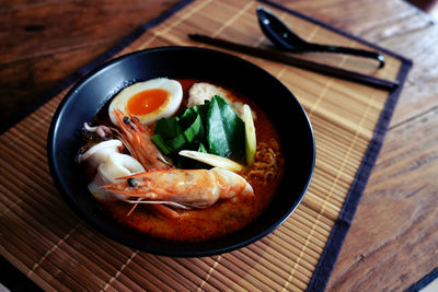 High angle view of soup in bowl on table