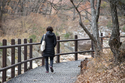 Rear view of woman standing on footbridge