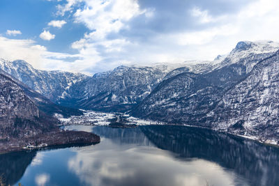 Aerial view of hallstatt town at lake and mountain ranges on a cold early spring day