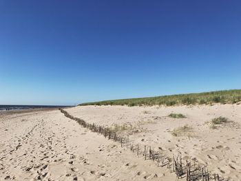 Scenic view of beach against clear blue sky