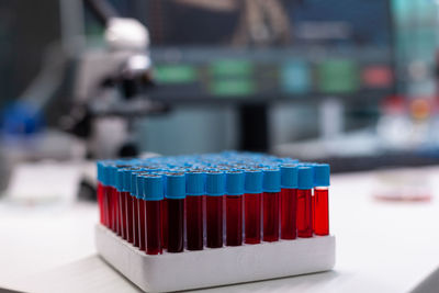 Close-up of blood samples on table