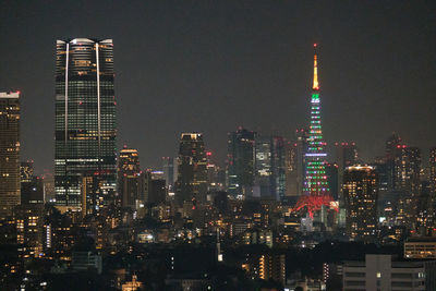 Illuminated buildings in city at night