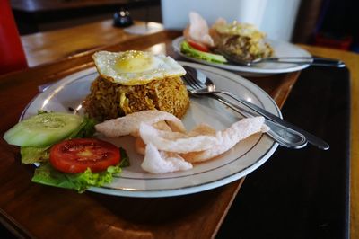 Close-up of food served on table